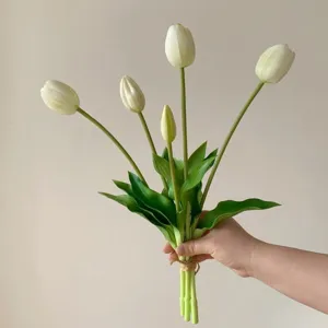 Artificial tulip flower bouquet 5 stems soft silicone lifelike home decor white