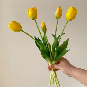 Artificial yellow tulips bouquet, 5 stems soft silicone fake flowers for home decor and table centerpiece.