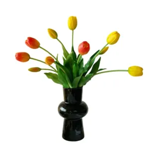Artificial tulip flower bouquet with black vase, perfect for home living room decor and table setup.