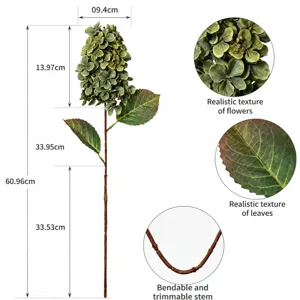 Stelo di ortensia artificiale tabella delle dimensioni con dettagli di petali e foglie.