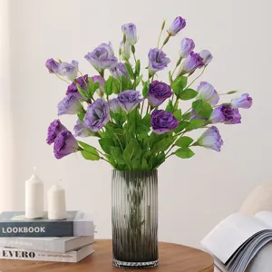 Artificial purple lisianthus flower bouquet with glass vase for home decor wedding.