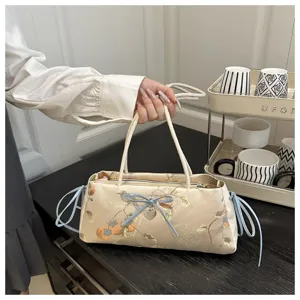 Chinese style chic satin shoulder bag with cute bow and delicate bird print detail.