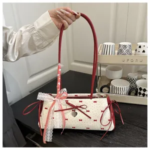 Cute bow lace shoulder bag detail, red and white grid underarm bag with sweet ribbon charms.