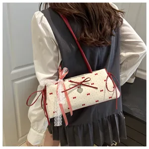 Cute bow print shoulder bag with lace ribbon, sweet contrast design underarm handbag.