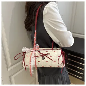 Cute bow lace shoulder bag underarm handbag for women, stylish contrast design daily use.