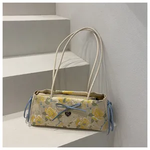 Chinese style floral embroidered shoulder bag with cute blue bow and double straps for daily use