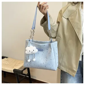 Light blue star pattern shoulder tote bag with metal chain and cute fluffy cloud pendant charm.