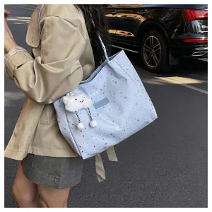 Borsa a tracolla grande capienza stile coreano per donna, shopper stampa stelle con ciondolo nuvola.