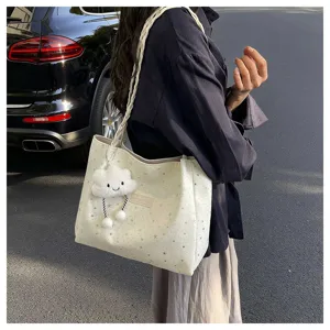 Borsa tote in tela grande stile coreano con motivo a stelle e ciondolo a forma di nuvola.