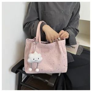 Fashion pink star tote bag with cute cloud plush charm, casual canvas shoulder bag for women.