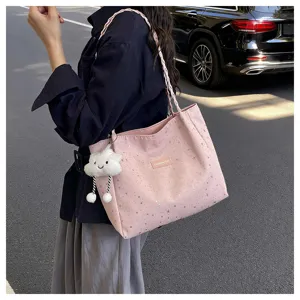 Borsa shopper rosa grande stile coreano da donna con motivo a stelle e ciondolo nuvola peluche.