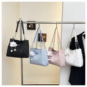 Korean style fashion large capacity tote bag with star print and cute cloud pendant for women.