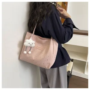 Borsa tote rosa di grande capacità in stile coreano da donna con motivo a stelle e nuvola.