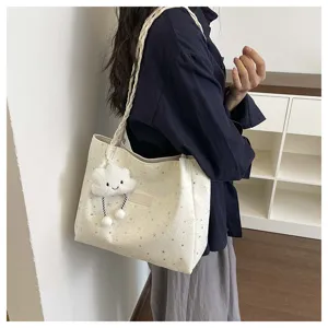 Borsa shopper tote grande con stampa a stelle stile coreano e simpatico ciondolo nuvola di peluche.