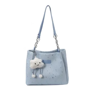 Blue star print tote bag with chain strap and cute cloud pendant for women casual commute.