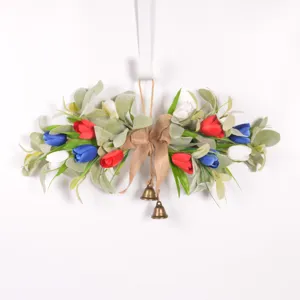 Corona de Flores Artificiales Colgante de Pared Tulipán Hoja de Oreja de Conejo Decoración de Pared de Puerta de Hogar Día de la Independencia
