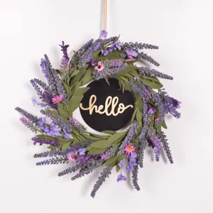 Artificial lavender flower wreath with hello sign for front door wall home decoration.