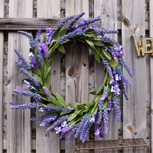 Purple artificial lavender wreath for front door wall hanging home decor detail view.