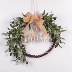 Artificial Olive Leaf Bead Wreath Home Decor Front Door Hanging Vintage Wooden Bead Garland with Bowknot Bell