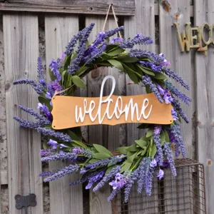 Purple EVA artificial lavender flower wreath with welcome sign for door home wall decor.
