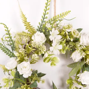 Artificial white rose flower wreath door hanging wall decor for home wedding party display.