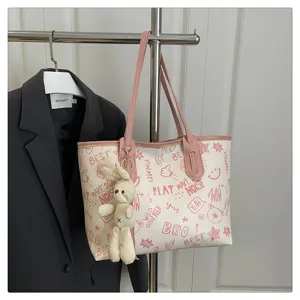 Borsa shopper grande capienza con stampa graffiti da donna borsa a spalla rosa con coniglio