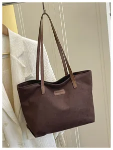 Brown suede tote bag detailed view, large capacity casual shoulder bag for women commuting