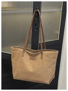 Large capacity brown suede tote bag, stylish commuter shoulder handbag for women, casual trend.