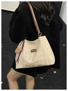 Borsa shopper vintage in velluto a coste grande capacità borsa a spalla casual donna