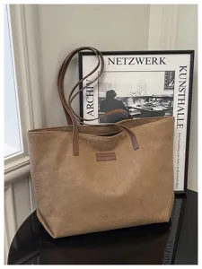 Brown faux suede tote bag, large capacity shoulder bag for women daily commute style.
