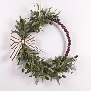 Artificial olive leaf wreath with wood beads and ribbon bow for front door home decor