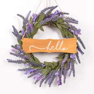 Artificial lavender flower wreath with hello wooden sign for home door wall hanging decoration.