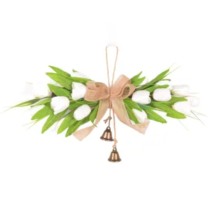 Artificial White Tulip Wreath Door Hanging Decoration with Burlap Bow & Metal Bells