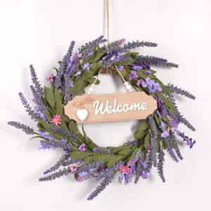 Artificial lavender flower wreath with wooden sign for home wall and wedding decor.