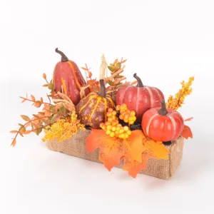 Autumn artificial pumpkin maple leaf detail shot, perfect for Thanksgiving and Halloween tabletop decor.
