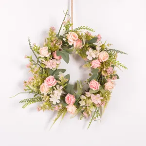 Nordic style artificial rose flower wreath for door hanging, green plant decor item.