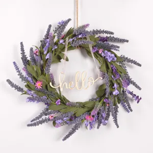 Artificial Lavender Wreath with Hello Wooden Sign Wall Hanging Decor for Home Wedding