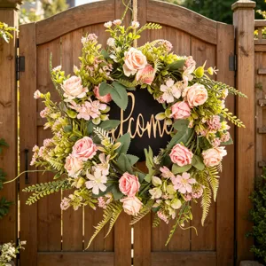 Artificial rose flower wreath with welcome sign for front door wall hanging home wedding decor