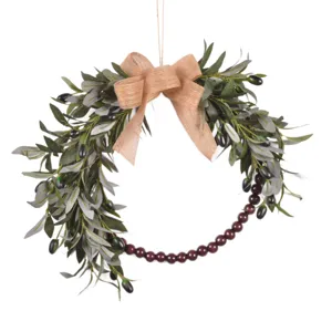 Artificial olive wreath with wooden beads and burlap bow for home decor door hanging.