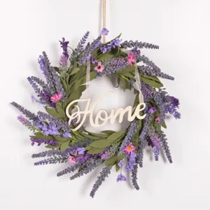 Purple artificial lavender wreath with wooden Home sign, wall hanging decor for home garden.