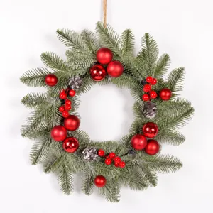 Christmas artificial pine needles wreath red baubles pinecones front door home decor 45cm