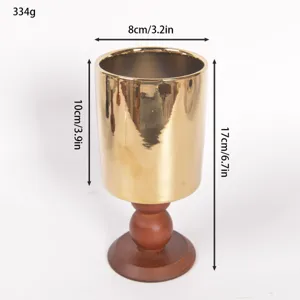 Retro oro ceramica tazza alto piede base legno portacandela vaso per piante grasse