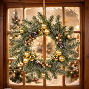 Artificial Christmas wreath with golden balls, pinecones and berries for door decor.