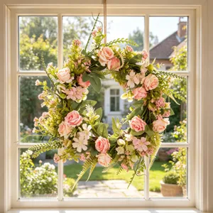 Artificial flower wreath pink rose green plant wall hanging home decor wedding welcome party
