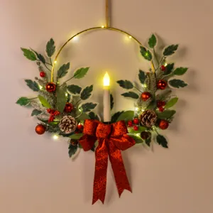 Couronne de Noël bougeoir suspendu anneau en fer décor de fête guirlande lumineuse nœud