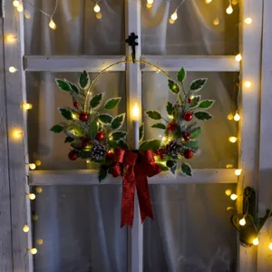 Couronne de bougie de Noël en fer suspendu avec beau nœud rouge et pomme de pin déco