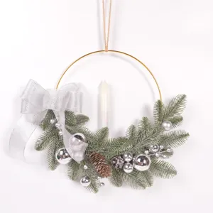 Christmas metal ring wreath candle holder with pine needles and bow for holiday decor