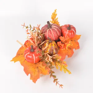 Artificial autumn pumpkin maple leaf ornament detail view, perfect for Thanksgiving and Halloween decor.