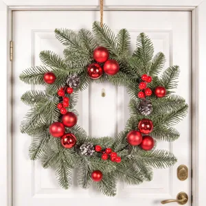 Christmas Wreath Artificial Pine Needle Hanging Door Decoration With Pine Cones Balls For Home Holiday Party Decor