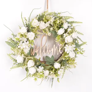 Artificial rose flower wreath with welcome sign for front door home decor wedding wall hanging
